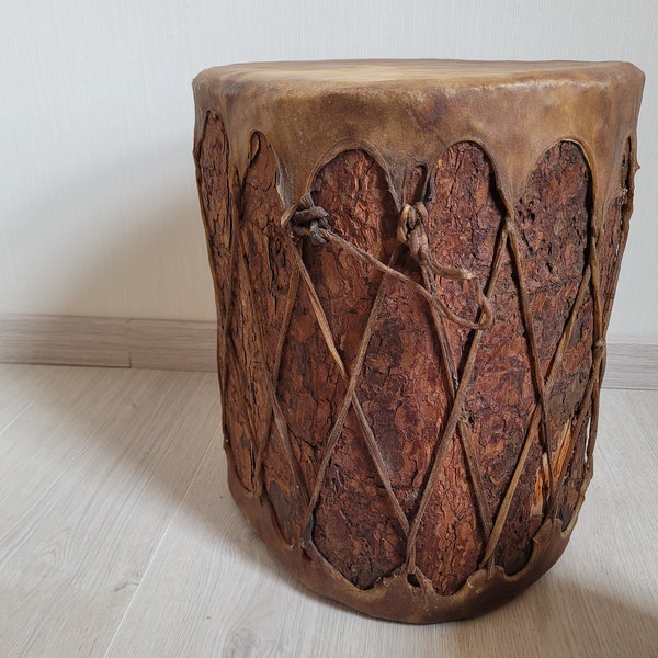 Tree trunk drum with bark and rawhide 37 cm high musical instrument Tree trunk drum with bark and rawhide side table