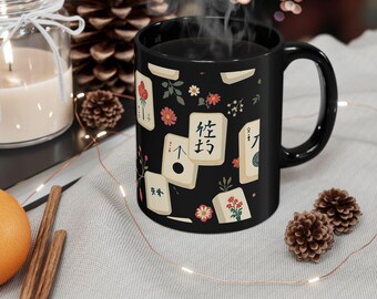 Mahjong Tile Floral Pattern Mug | Black Ceramic Coffee Cup