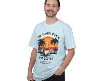 No Alarm Clock Just Coffee T-Shirt | Palm Trees Sunrise Florida Retirement
