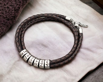 Bracelet homme personnalisé, bijoux faits main avec perles, bracelet papa en cuir, cadeaux pour la Saint-Valentin, cadeaux fête des pères pour lui enfant