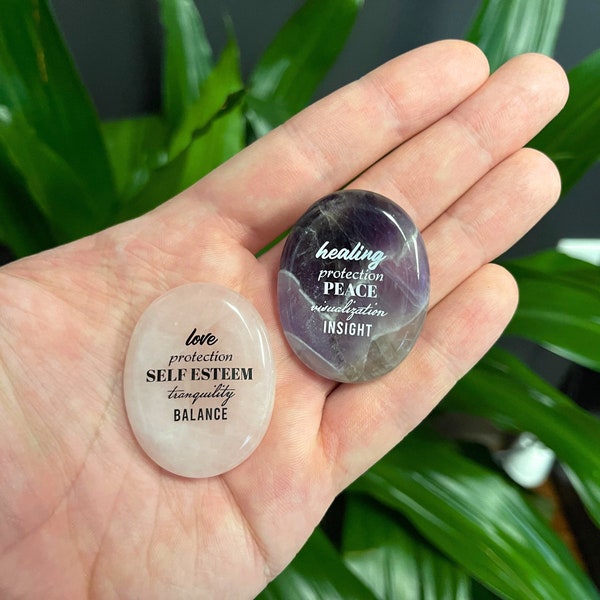 Natural Crystal Worry Stone with Printed Properties, Amethyst and Rose Quartz, Healing Gift for Friends and Family, Word Pocket Stone