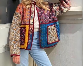 Abrigo acolchado de patchwork para mujer: chaqueta informal de algodón cálido, idea única de regalo de moda de invierno