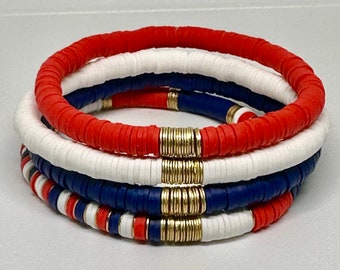 Conjunto de pulseras Heishi rojas, blancas y azules, pulseras apilables patrióticas, pulseras del 4 de julio.