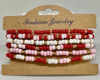 Juego de pulseras de cuentas rojas y rosas, pulseras de vaso rojas y rosas apiladas