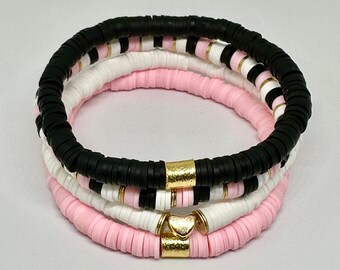 Set di braccialetti Heishi neri e rosa, braccialetti impilabili con perline per San Valentino.