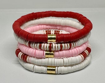 Conjunto de pulseras Heishi rojas, blancas y rosas, apilables para el Día de San Valentín