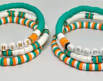 Conjunto de pulseras para el día del partido de los Miami Dolphins, pulseras apilables en color verde azulado, naranja y blanco.