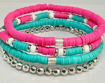 Conjunto de pulseras rosas y turquesas, pulseras apilables, pulseras personalizadas