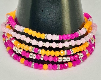 Conjunto de pulseras de cuentas rosas y naranjas: cristal facetado