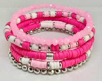 Set di braccialetti rosa e bianchi, braccialetti impilabili, braccialetti preppy, braccialetti impilabili rosa e bianchi