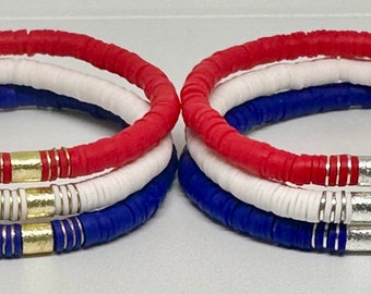 Rot Weiß Blau Heishi Armband Set, Vaterländische Armbänder, 4. Juli Armbänder