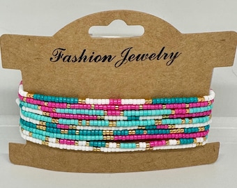 Delicato set di bracciali Miyuki rosa turchese e bianchi, bracciali minimalisti, bracciali impilabili