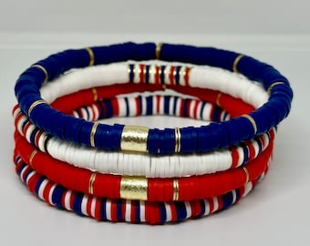 Conjunto de pulseras Heishi rojas, blancas y azules, pulseras apilables patrióticas, conjunto de pulseras del 4 de julio