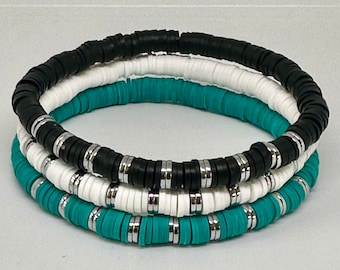 Set di braccialetti Heishi color verde acqua, nero e bianco, braccialetti impilabili perfetti per le partite.