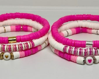 Valentines Day Bracelet Set, Valentines Gift, Valentines Day, beaded bracelets, stacking bracelets, gifts for her, pink and white