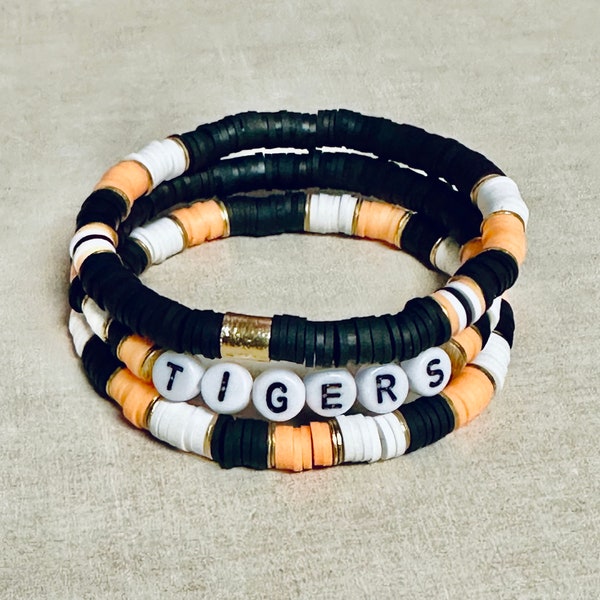 Black, Orange, and White Game Day bracelets, Team Spirit Wear, Team Gifts, custom bracelets, beaded bracelets, stacking bracelets, custom