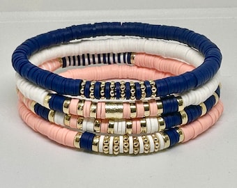 Set di braccialetti Heishi color corallo e blu navy, set di braccialetti boho