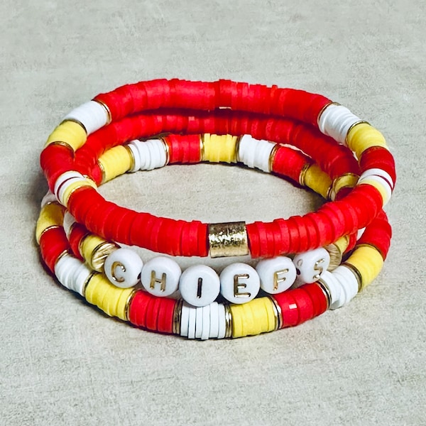 Bracelets KC Chiefs Game Day, bracelets Chiefs personnalisés, bracelets Chiefs Heishi, esprit d'équipe, bracelets de perles, bracelets à superposer, cadeaux