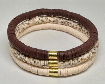 Conjunto de pulseras marrones y beige, pulseras apilables, pulsera de cuentas
