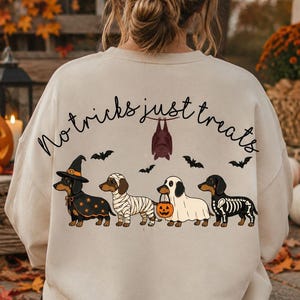 May include: A beige crewneck sweatshirt featuring a graphic of four dachshunds in Halloween costumes, including a witch, a mummy, a ghost, and a skeleton, with a hanging bat and the text No tricks just treats printed in black ink.