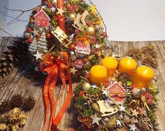 Hand Made Pine Cone Christmas Set, Front Door Wrap and Table Decoration (2x Circle Wraps ,Orange)