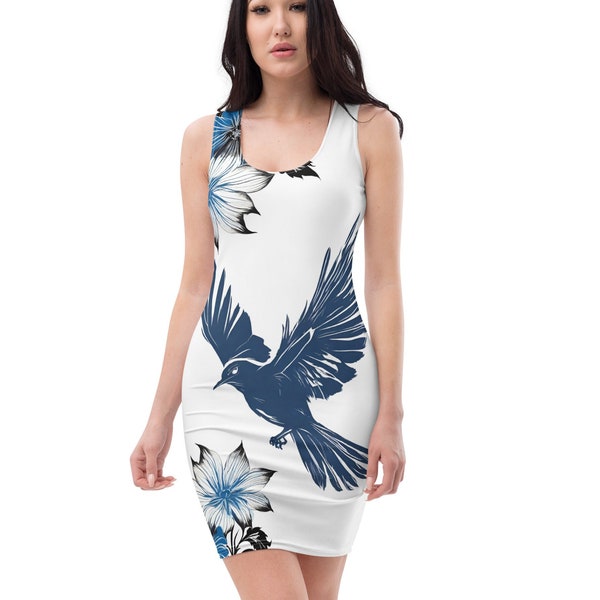 Form-fitting Stretch Bodycon Dress - Abendkleid - Blue Bird and Flower Dress