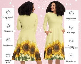 Jersey premium, robe midi à manches longues - Robe jaune tournesol - Taille ajustée et bas évasé