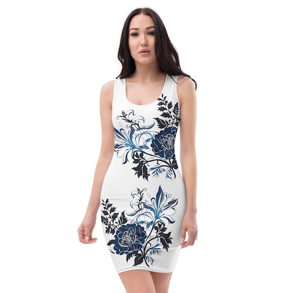 Blue Blossom Bodycon Dress - Abendkleid - Floral Print Summer Outfit, Chic & Comfortable Women's Attire, Perfect Gift for Her