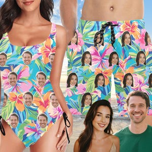 Couple Matching Swimsuit with Photo,Personalized Face Bathing Suit Men,face swim trunks for men dad,Custom Swimsuit With Face Women