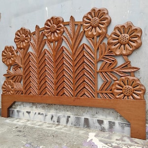 Wooden Headboard Wall Mount Floral Bed Head in Natural Brown Balinese Hand Carved Wall Decor Boho Bed Headboard