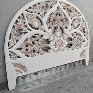 White Washed Wood Flower Wall Decor: Boho Half Moon Headboard