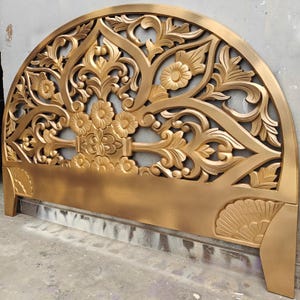 Gold Finish Half Moon Walnut Balinese Bed Headboard Hand Carved Wall Mounted Bed Decor Home Decor