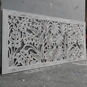 Wooden Wall Mounted Flower Carved Mandala Boho Bed Headboard Rustic White Finish Bed Decor