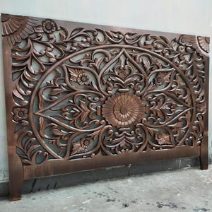 Mandala Antique Copper Brown Finish Bed Headboard Wood Carved Wall Mounted Bedroom Furniture Headboard Home Decor