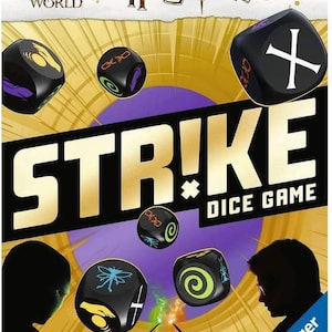 May include: The Harry Potter Strike Dice Game box features the game title in gold lettering, with black dice displaying various symbols. The box includes the text "WIZARDING WORLD" and "Harry Potter". The game is for 2-5 players, ages 8+, and takes 15 minutes to play.