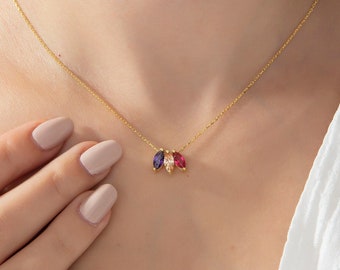 14K gouden Marquise vorm geboortesteen ketting, zilveren familie geboortesteen ketting voor moeder, gepersonaliseerde cadeaus voor vrouwen, cadeaus voor Moederdag