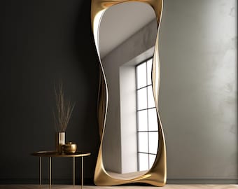 Gold Framed Full Length Mirror | Home Decor Mirror | Asymmetrical Mirror | Irregular Mirror | Entryway Mirror | Wood Mirror for Wall