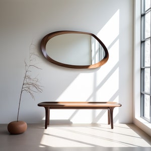 Real Walnut Wood Frame Mirror: Asymmetrical Wall Home Decor