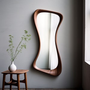 Real Walnut Frame Full Length Mirror Home Decor Mirror Asymmetrical Mirror Irregular Mirror Farmhouse Mirror Wood Mirror for Wall image 2