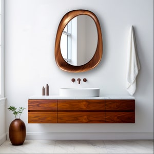 Walnut Wooden Frame Mirror | Home Decor Mirror | Asymmetrical Mirror | Irregular Mirror | Bathroom Mirror | Vanity Mirror | Wavy Mirror,