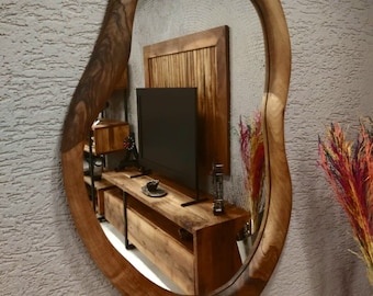 Real Walnut Frame Mirror Hand Made | Home Decor Mirror | Asymmetrical Mirror | Bathroom Mirror | Vanity Mirror | Wavy Mirror,