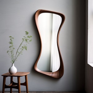 Real Walnut Wood Full Length Mirror: Handmade Asymmetrical Farmhouse Home Decor, Irregular Wooden Frame