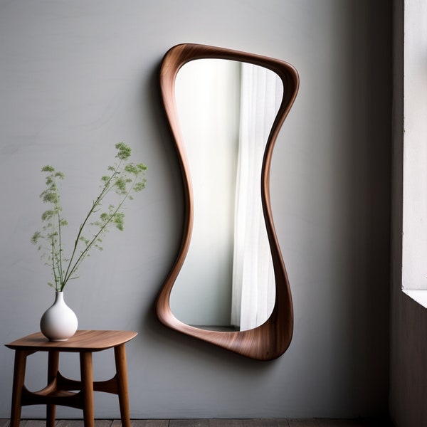 Ganzkörperspiegel mit Rahmen aus echtem Walnussholz | Home Decor Spiegel | Asymmetrischer Spiegel | Unregelmäßiger Spiegel | Bauernhausspiegel | Holzspiegel für die Wand