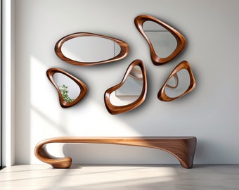 Walnut Wood Frame Mirror Composition | Home Decor Mirror | Asymmetrical Mirror | Irregular Mirror | Farmhouse Mirror | Wood Mirror for Wall