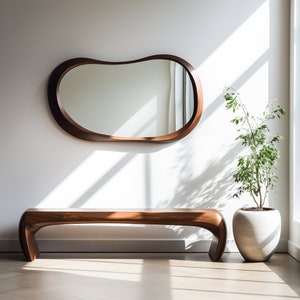 Real Walnut Wood Frame Mirror: Asymmetrical Wall Home Decor