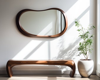 Real Walnut Frame Mirror | Home Decor Mirror | Asymmetrical Mirror | Irregular Mirror | Farmhouse Mirror | Wood Mirror for Wall
