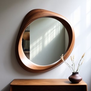 Walnut Wooden Frame Mirror | Home Decor Mirror | Asymmetrical Mirror | Irregular Mirror | Bathroom Mirror | Vanity Mirror | Wavy Mirror,
