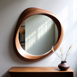 Asymmetrical Walnut Wood Frame Mirror: Home and Wall Decor, Vanity, Bathroom, Living room Mirror