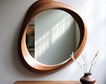 Walnut Wooden Frame Mirror | Home Decor Mirror | Asymmetrical Mirror | Irregular Mirror | Bathroom Mirror | Vanity Mirror | Wavy Mirror,