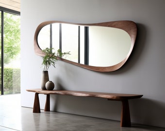 Real Walnut Frame Full Length Mirror | Home Decor Mirror | Asymmetrical Mirror | Irregular Mirror | Farmhouse Mirror | Wood Mirror for Wall